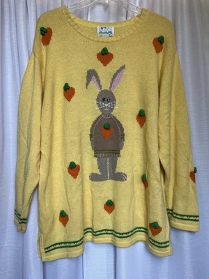Quacker Factory Sweater Womens 1X Yellow Easter Bunny Carrots Embroidered - Image 1 of 4