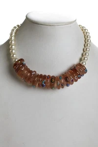 Prova Womens Silver Tone Imitation Pearl + Pink Vintage Glass Disc Necklace 18" - Picture 1 of 5