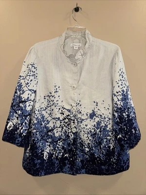 Chaqueta de Lino Talla L 14 COLDWATER CREEK Gris Azul Botón Floral, Forrada Manga 3/4 Foto 1 de 4