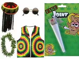 RASTA JAMAICAN BOB MARLEY HAT WIG DREADLOCKS GLASSES VEST FAKE JOINT CARIBBEAN - Picture 1 of 11