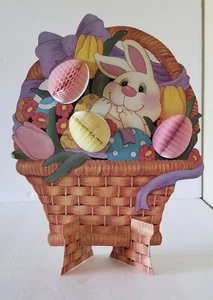 Vintage Easter Bunny in Basket Honeycomb Standing Table Decoration 12" x 10" - Photo 1/10