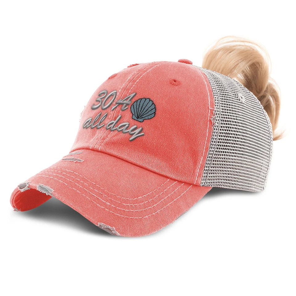 Womens Ponytail Cap 30A All Day Funny Unique Cotton Day Distressed Trucker Hats - Image 1 of 1