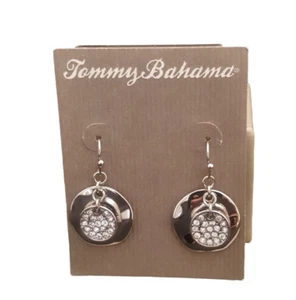 TOMMY BAHAMA Pave Crystal Silver Plated Disk Dangle Hook Earrings NWT - Picture 1 of 4