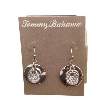Pendientes de gancho colgantes TOMMY BAHAMA cristal pavé plateado disco nuevos con etiquetas Foto 1 de 4