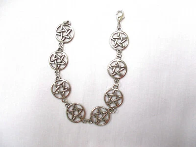 OCCULT PENTAGRAM INVERTED LINK CHAIN CAST PEWTER CHARMS BRACELET 7.5 INCHES - Image 1 of 3