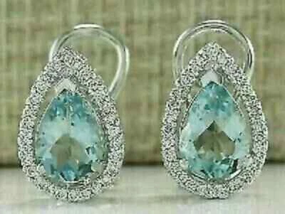 3.80 Ct Pear Cut Aquamarine Drop & Dangle Halo Earrings In 14k White Gold Finis - Image 1 of 4
