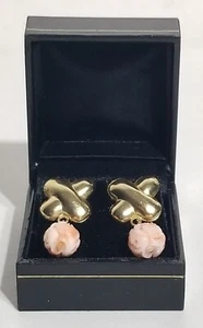 Vintage 14K Yellow Gold Angel Skin Coral Floral Carved Dangle Earrings ☆ New - Picture 1 of 10