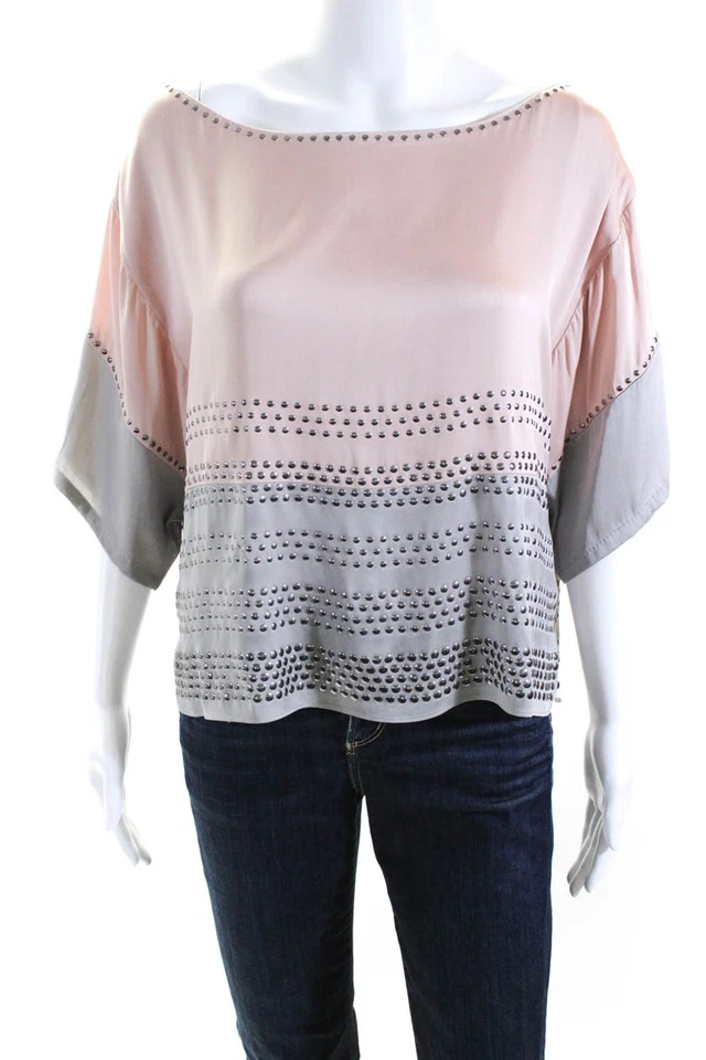 Blusa Milly para mujer cuello barco mangas cortas tachuelas adornar dobladillo abertura rosa talla 8 Foto 1 de 4