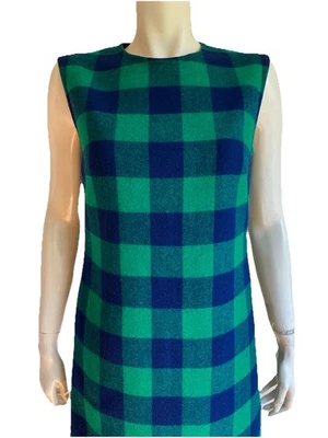 Vintage PENDLETON PLAID DRESS Green Navy Blue Jumper Lined S/M 1970s 1980s 12 - Image 1 of 4