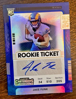 2021 Panini Contenders Jake Funk Rookie Ticket Blue Parallel Auto LA Rams - Image 1 of 2