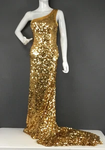 Clarisse Dress Womens 8 Gold Sequin One Shoulder Formal Evening Gown Train Prom - Picture 1 of 13