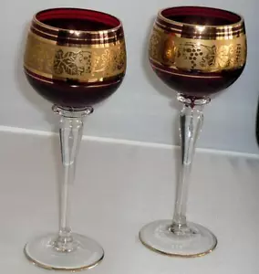 2 STUNNING VINTAGE CZECH RUBY RED GLASS HOCK WINE GLASSES - Picture 1 of 1