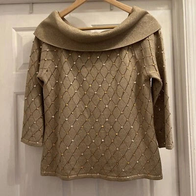 Suéter Vintage Victor Costa Dorado Metálico Lentejuelas Capucha Cuello Manga 3/4 Talla Med  Foto 1 de 4