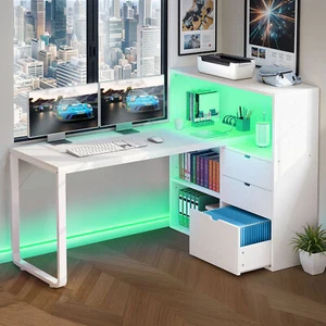 55" L Shaped Corner Office Computer Desk Shelves Drawers LED w/ Power Outlets - Picture 1 of 11