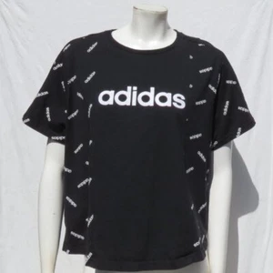 ADIDAS US Women’s XL Black White AOP Logo Print 100% Cotton T Shirt Top DW8017 - Picture 1 of 6