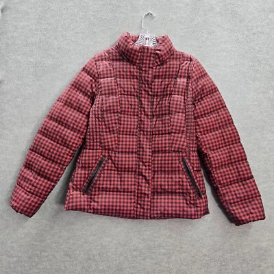 Talbots Women Jacket Medium Red Check Puffer Down Removal Faux Fur Hood - Image 1 of 4