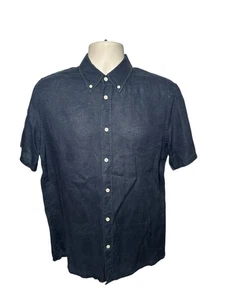 J Lindeberg Shirt Mens Size Medium M Blue 100% Linen Top Short Sleeve Button Up - Picture 1 of 6