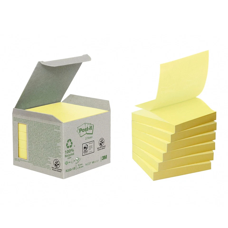 Post-It Recycled Z-Notes 76x76mm 100 Sheets Per Pad PEFC Canary Yellow - 6 Pack