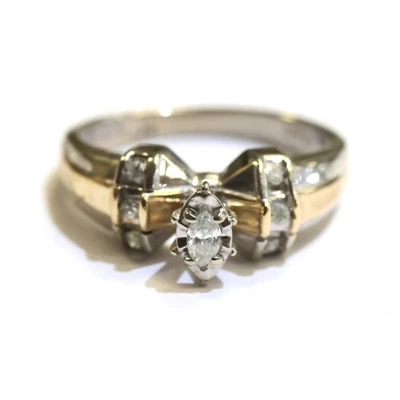 10k white yellow gold .15ct illusion head marquise diamond engagement ring 4.2g - Image 1 of 4
