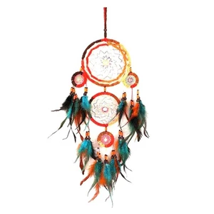 Red de barriles de ensueño tejida a mano con cinco anillos y plumas de colores, decoración de pared 1390 - Imagen 1 de 6