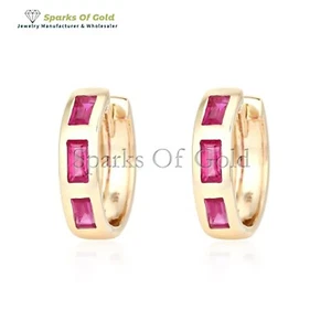 0.99 Ct Natural Ruby Baguette Huggie Earrings 925 Silver Gold Vermeil Jewelry - Picture 1 of 3