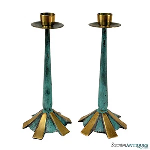 Mid-Century Brass & Verdigris Enamel Israel Candlestick Holder - A Pair - Picture 1 of 9