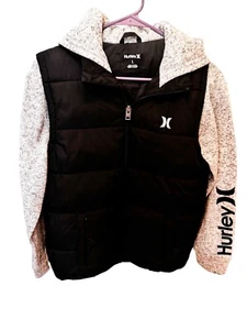 Hurley Boy's Puffer Jacket Size L Hooded Black Gray 2fer Full Zip Quilted Fall - Picture 1 of 9