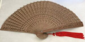 Brown Sandalwood hand fan in fabric and glass presentation box -  7" long - 
