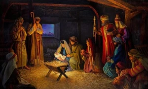 NATIVITY SCENE w/ BABY JESUS MARY JOSEPH KINGS ANIMALS  8x10" Premium PRINT - Picture 1 of 1