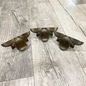 Lot 3 MCM Art Deco Petal Brass Patina Drawer Pulls Handles Knobs VTG furniture - Picture 1 of 10