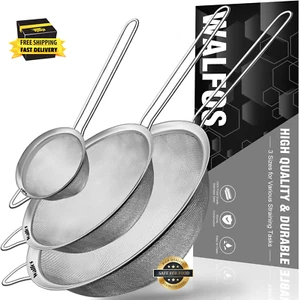 Fine Mesh Strainers Set, Premium Stainless Steel Colanders and Sifters, with Rei - Picture 1 of 8