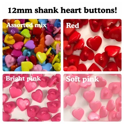 12 or 24 12mm Heart shank buttons red pink plastic hearts shank 12mm - Image 1 of 4