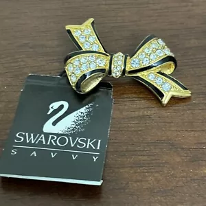 Swarovski Band Schleife Brosche schwarz goldfarben klare Kristalle Etikett befestigt - Bild 1 von 5