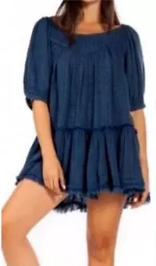 Free People Mystery Land Mini Tunic Dress Indigo Blue Fringe Hem Flowy Boho Med - Picture 1 of 14