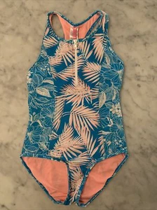 Gossip Girl; Girls One Piece Zipper Swimsuit Turquoise W Palm Leaf Print, Sz 12 - Picture 1 of 12