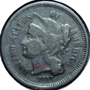 1867 U. S. THREE CENT NICKEL - KM# 95 - 17.9mm - .75 Copper/.25 Nickel - TCPN083 - Picture 1 of 7