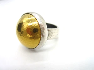 Estate Gorgeous Gurhan Hammered Sterling Silver 20K Yellow Gold Dome Pebble Ring - Picture 1 of 5