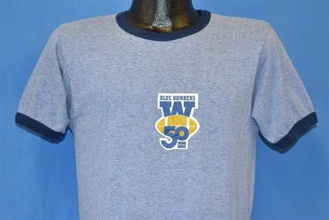 vtg 80s WINNIPEG BLUE BOMBERS CFL CANADIAN 50TH YEAR RINGER t-shirt FOOTBALL M Cover
