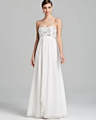 Vestido formal AIDAN MATTOX ~ Marfim chiffon frisado querida império 6 NOVO $485 - Imagem 1 de 4