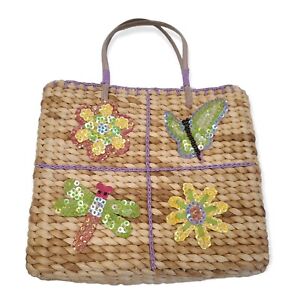 Woven Straw Bag with Spring Sequined Applique 