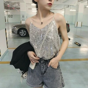 Lady Sequin Camisoles Vest Crop Tank Sparkle Shining Shirts Glitter Tops Fashion - Picture 1 of 13