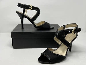 TAHARI LIMA SANDAL Size 9M BLACK ANKLE STRAP HEEL LEATHER SOLE - Picture 1 of 16