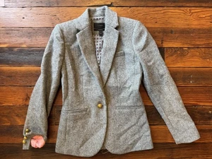 J Crew Campbell Blazer Womens 00 Gray Wool Herringbone Gold Crest Button Jacket - Picture 1 of 7