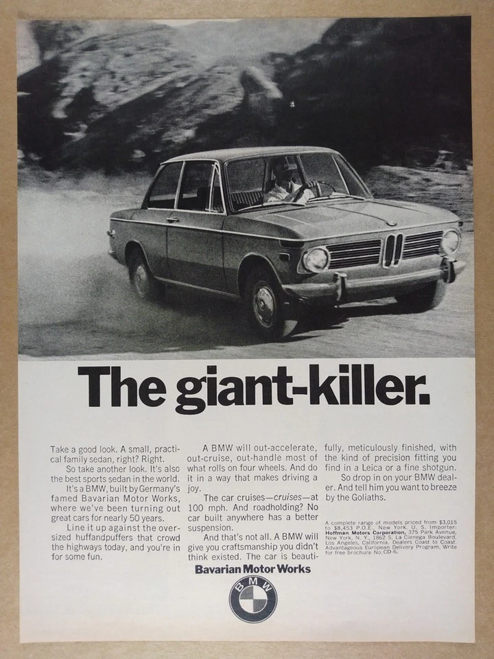 1970 BMW 1600 2-дверный «Гигант-убийца». винтажная печатная реклама - Изображение 1 из 1