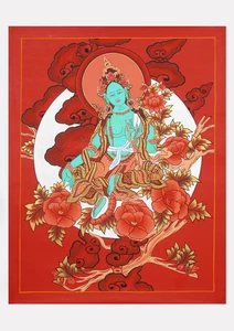 Handbemalte grüne Tara Thangka mit Mond- und Wolkenmotiv roter Hintergrund - Bild 1 von 2