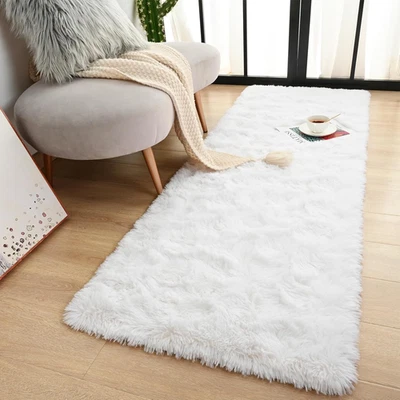 White Fluffy Runner Rug for Bedroom, 2x6 Ft Cute Shag Area Rugs for Hallway, Sof - Image 1 of 4