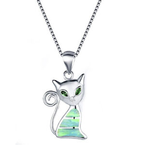 Women Fashion Silver Green Simulated Opal Cz Cute Cat Pendant Necklace Jewelry