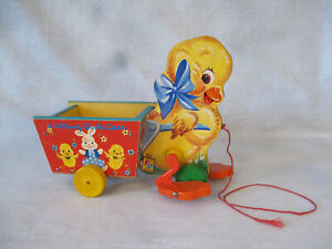 Vintage Fisher Price Walking Duck Cart #305 Wooden Pull Toy, Easter 1964