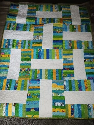 Handmade quilted baby blanket blue/green reversible fun patterns Cottage Core  - Image 1 of 4