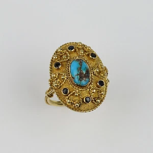 Unique Vintage 20k Yellow Gold, Turquoise Women's Ring Size 7.75 - Picture 1 of 4